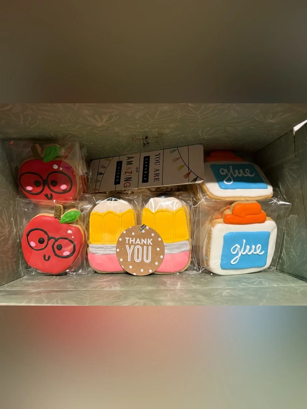 School-Themed Cookie Gift Box - Red Apple, Yellow Pencil & Blue Glue Designs 24